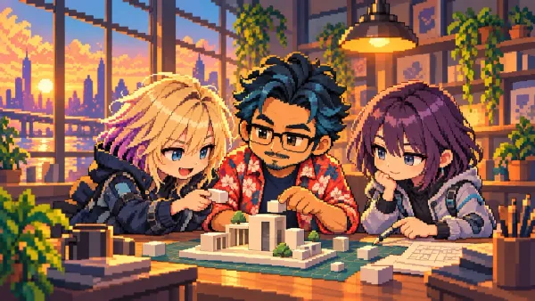 夕焼けの窓辺で、Aya・しるべ・Eve の3人がテーブルの白い建物の模型を囲んでいるドット絵
