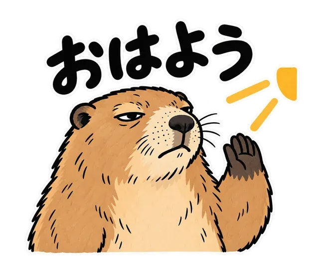 片手を上げるマーモットと「おはよう」の文字