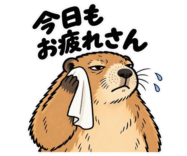 タオルで汗をふくマーモットと「今日もお疲れさん」の文字