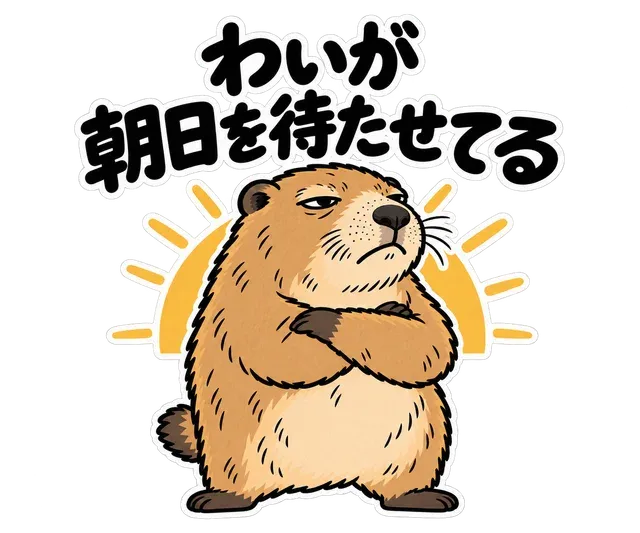 腕を組んだマーモットと「わいが朝日を待たせてる」の文字
