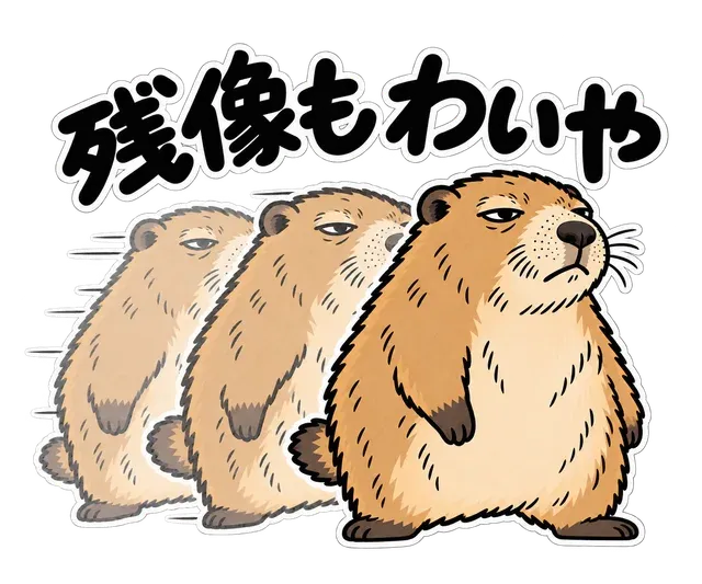 残像を残して横に動くマーモットと「残像もわいや」の文字